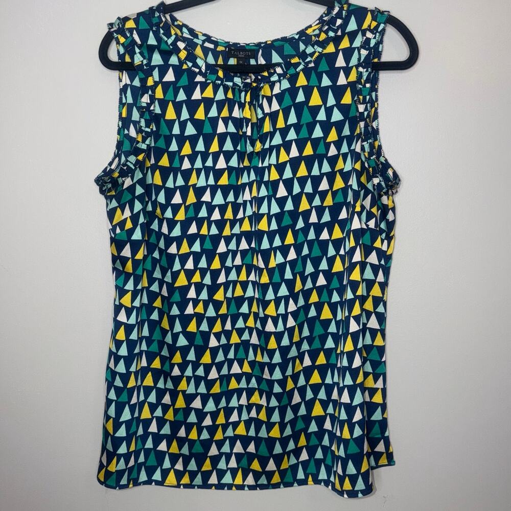 Talbots Womens Size 1x Blue Yellow White Geometric Pattern Sleeveless Blouse